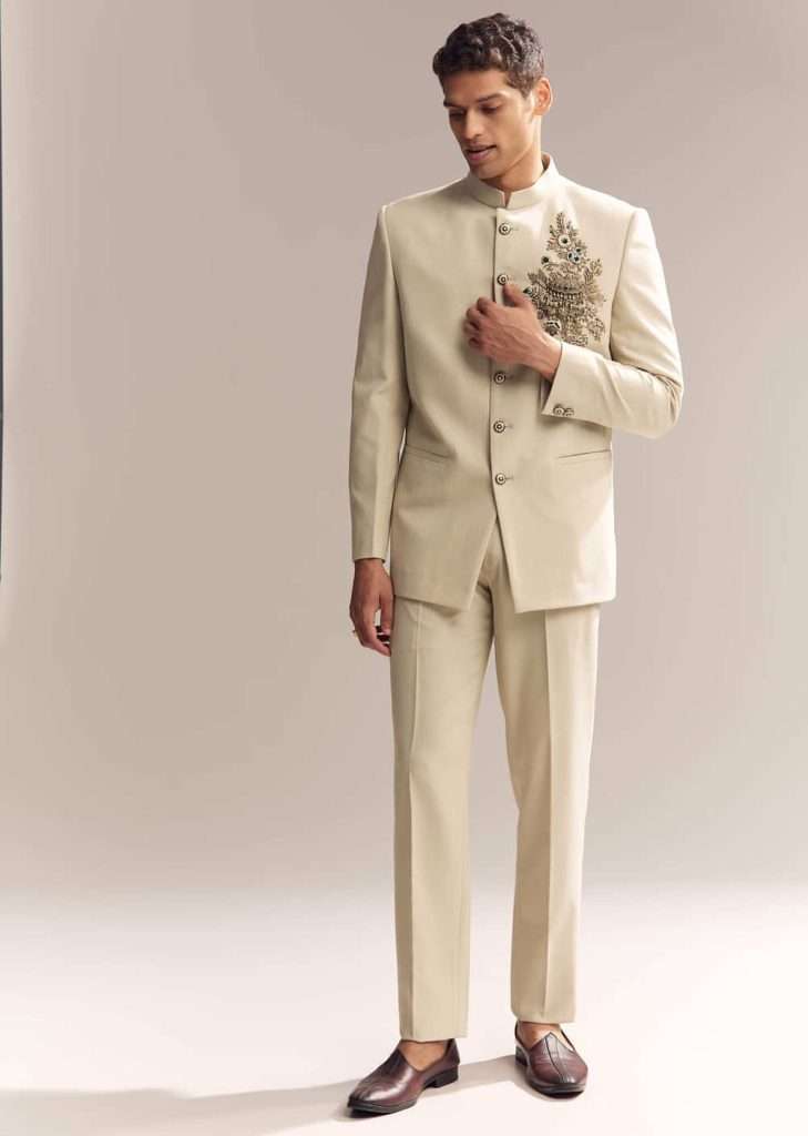 Beige Rayon Jodhpuri Suit For Men With Zardosi Embroidery

