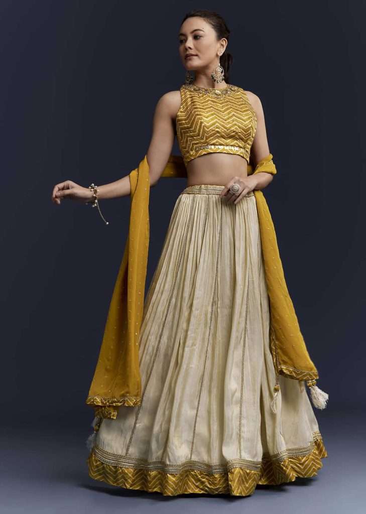 Yellow Satin Bridesmaid Lehenga With Hand Dyed Chevron Print Choli

