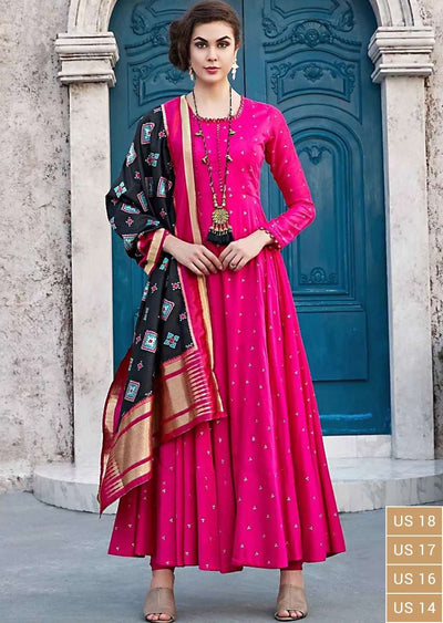 Rani Pink Anarkali Suit With Black Silk Dupatta