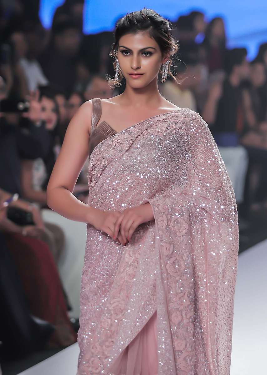 Blush pink hand sequins embroidered saree with spring work border