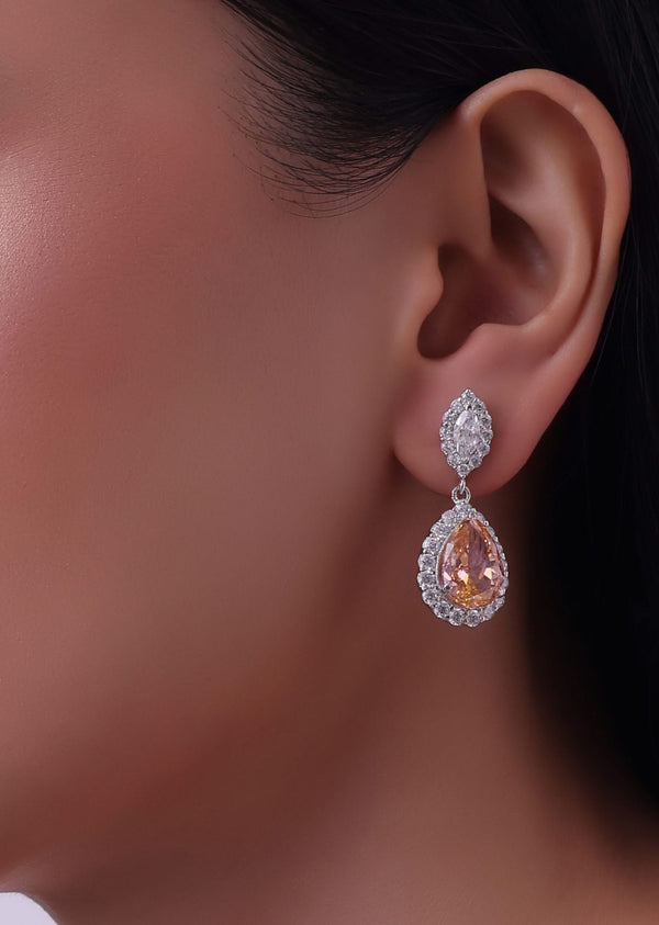 92.5 Sterling Silver Danglers With Champagne Orange Synthetic Stone In Pear Shape