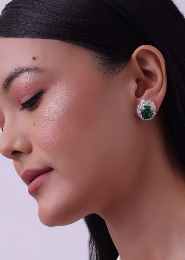 92.5 Sterling Silver Studs With Emerald Green Synthetic Stone In Oval Shape