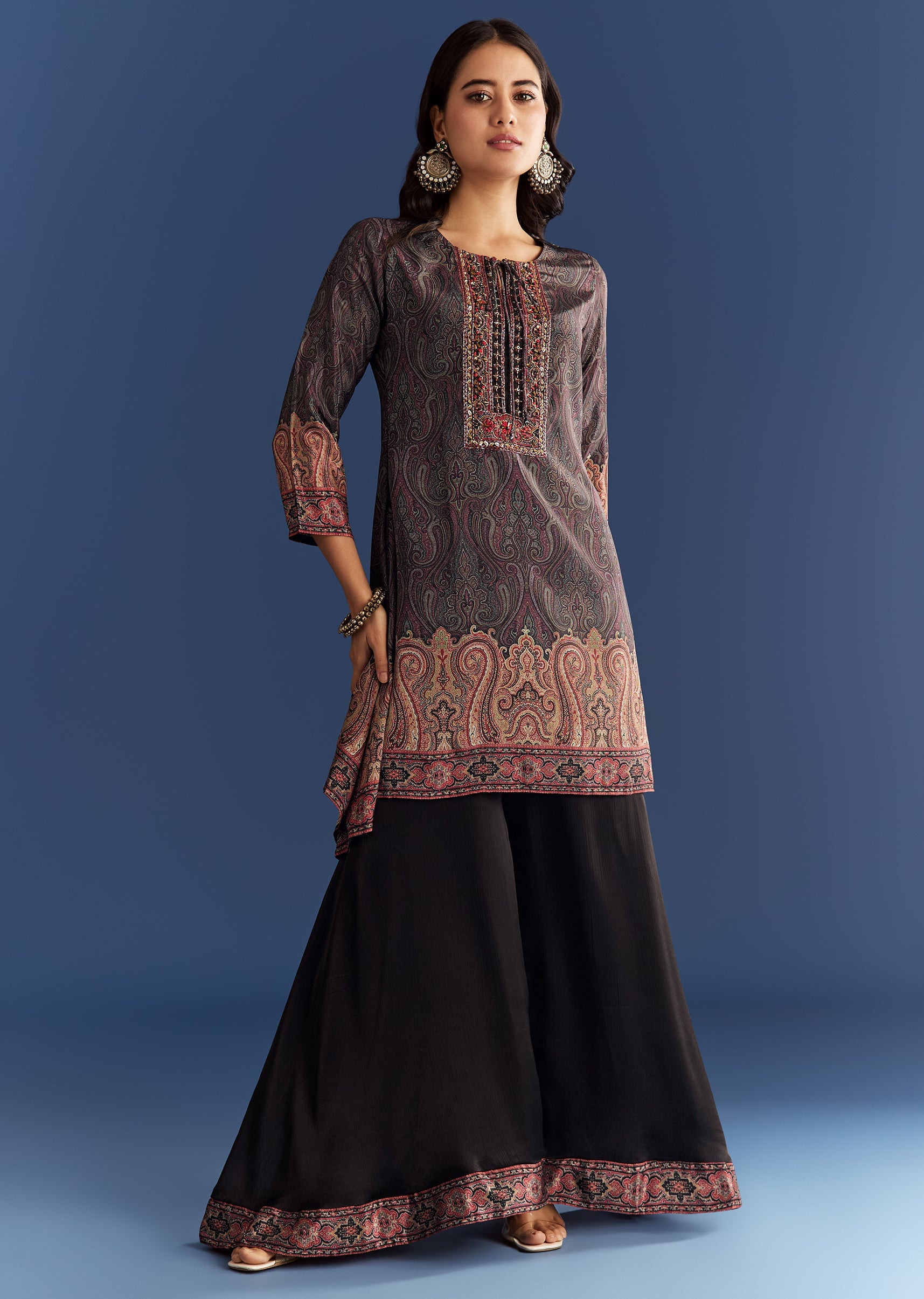 Black Satin Paisley Print Kurta Sharara With Cut Dana Embroidery