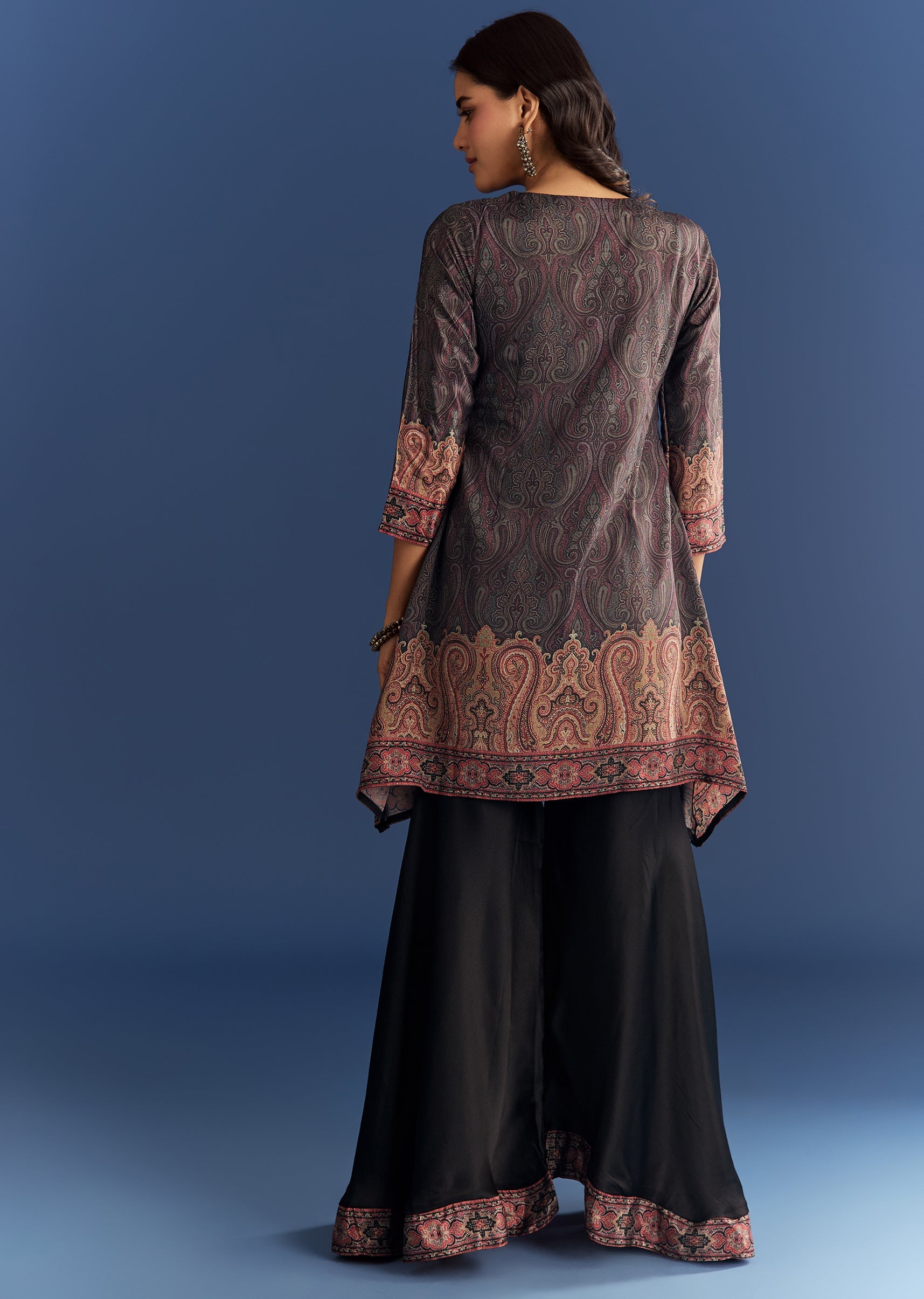 Black Satin Paisley Print Kurta Sharara With Cut Dana Embroidery