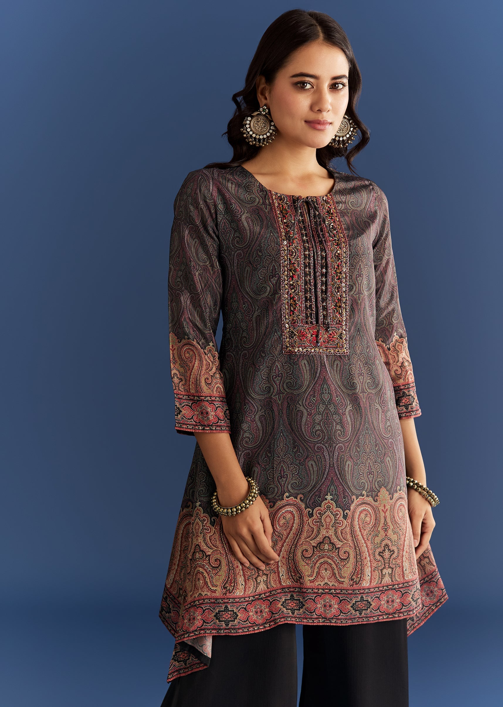 Black Satin Paisley Print Kurta Sharara With Cut Dana Embroidery