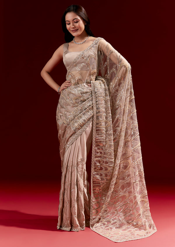 Dusky Beige Half And Half Saree With Heavy Embroidered Pallu And Jaal Detailing