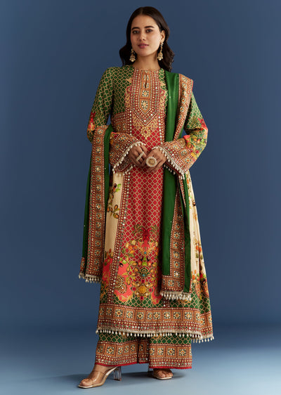 Multicolour Cotton Muslin Printed Kurta With A Line Cut And Printed Palazzo