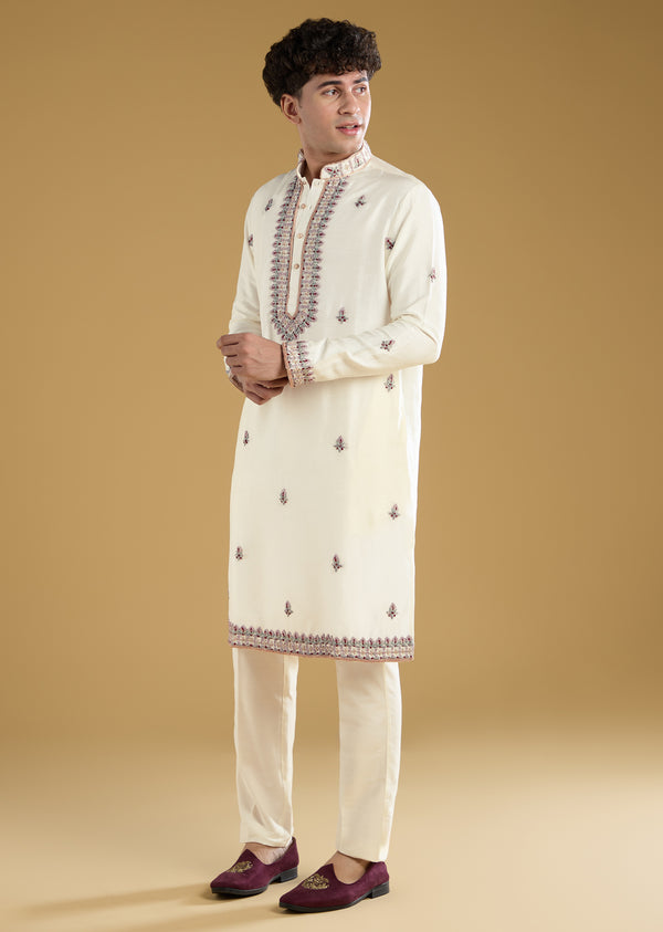 Off White Silk Resham Work Mens Kurta Pant Set