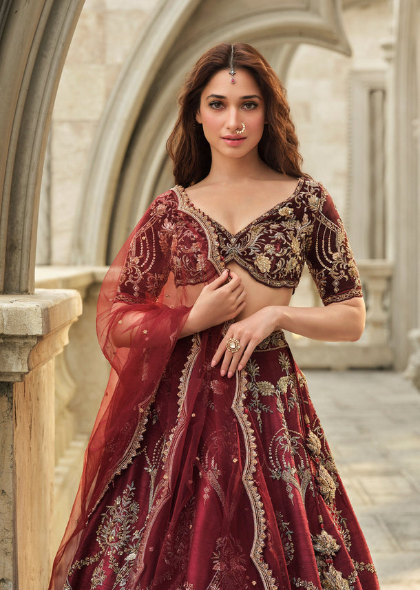 Red Velvet Bridal Lehenga With Cutdana Beads And Sequins Embroidery