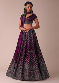 Plum Purple Swarovski Embellished Lehenga In Wrinkle Satin