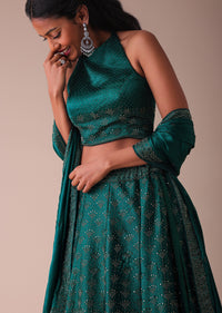 Deep Green Swarovski Embellished Lehenga In Wrinkle Satin