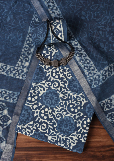 Batik Hand Block Printed Dress Material In Indigo Blue