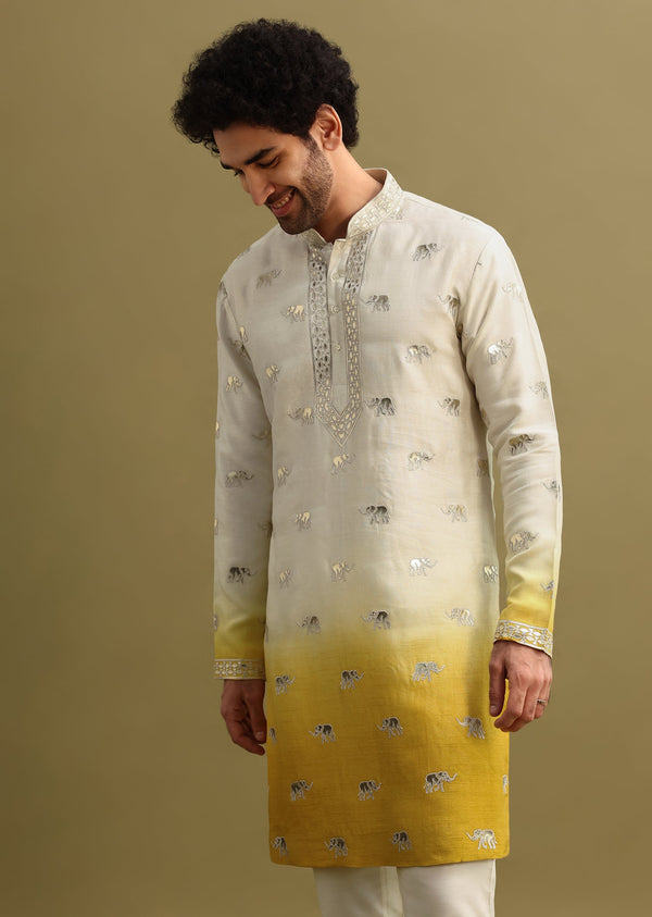 Yellow Shaded Gold Foil Applique Motifs Work Kurta