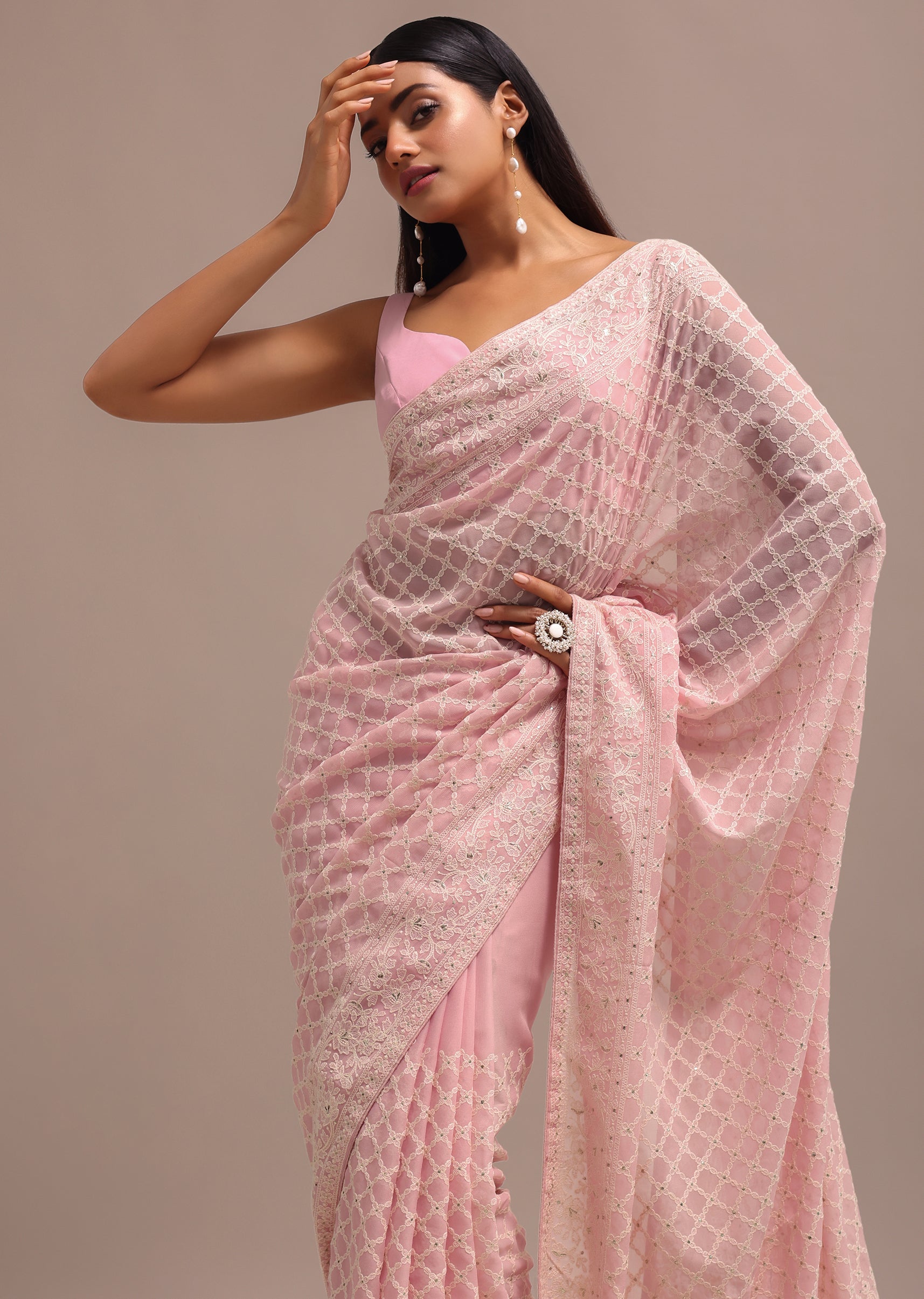 Light Pink Georgette Chikankari Jaal Work Saree With Unstitched Blouse