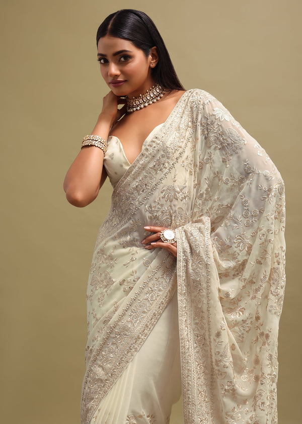Off White Georgette Parsi Gara Saree With Unstitched Blouse