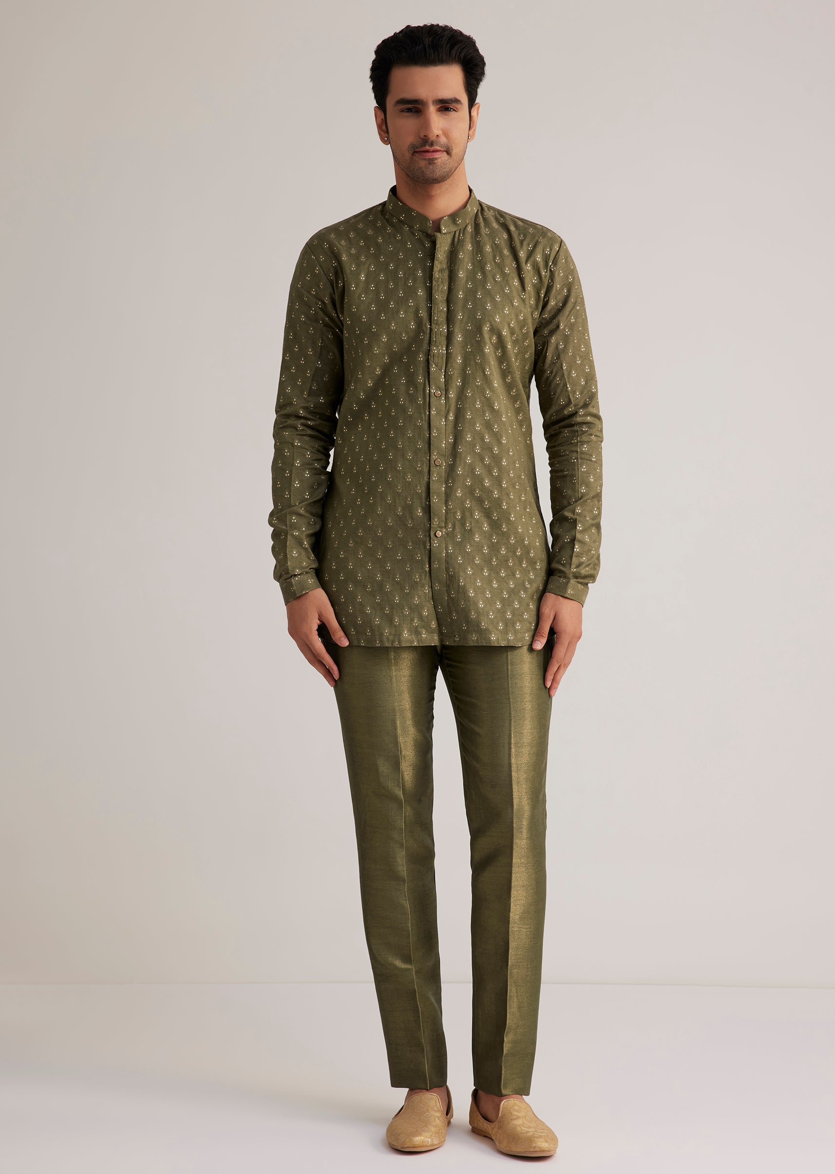 Olive Green Silk Indowestern Suit With Mirror Work