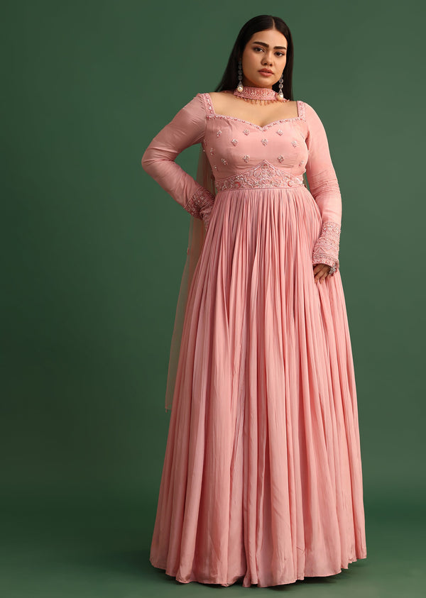 Soft Pink Embroidered Anarkali Suit With Choker Dupatta