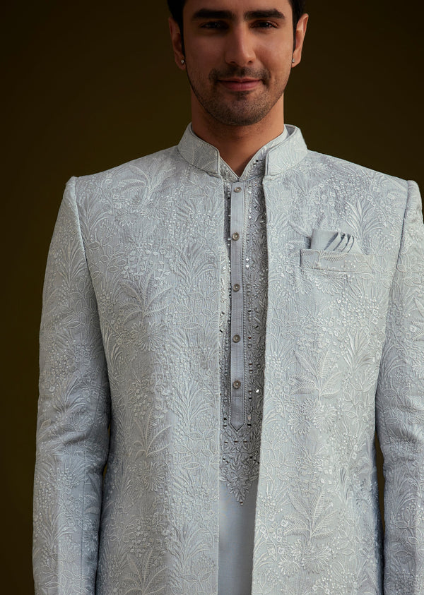 Ice Blue Silk Sherwani Set With Floral Resham And Mirror Work