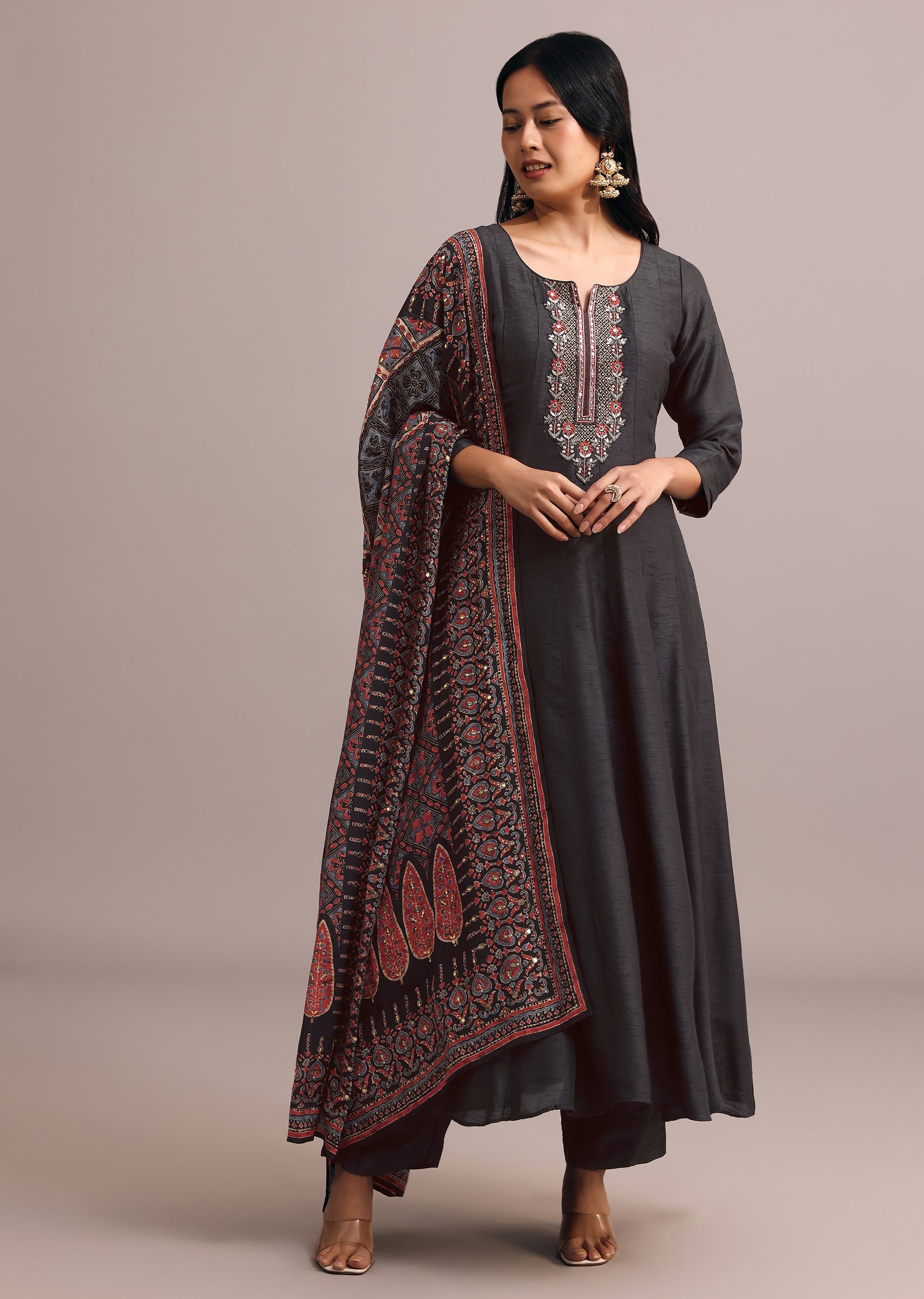 Black Embroidered Kurti Set With Modal Silk Ajrakh Printed Dupatta