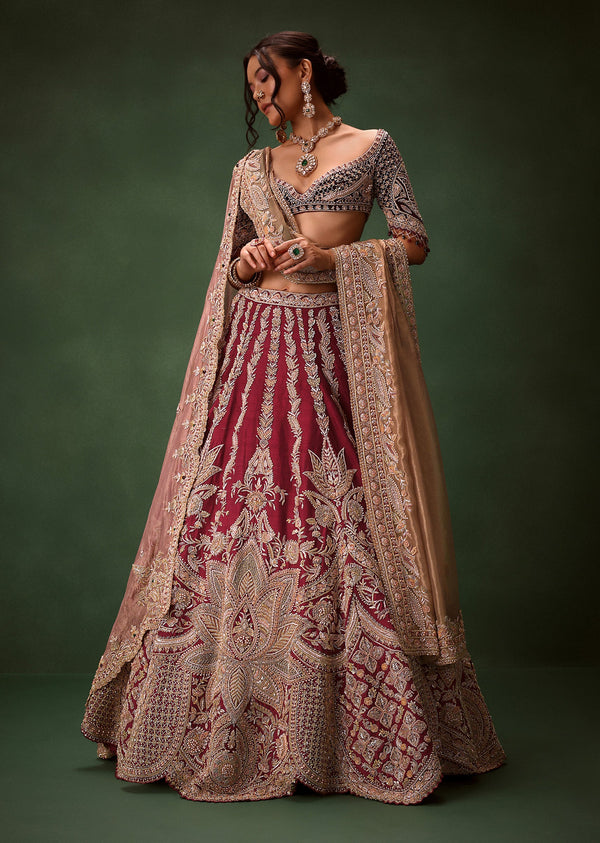 Maroon Raw Silk Lotus Embroidered Kali Lehenga Dupatta Set