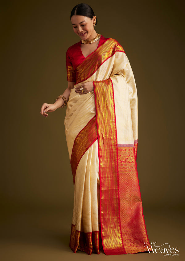 Beige Kanjivaram Silk Saree With Contrast Border
