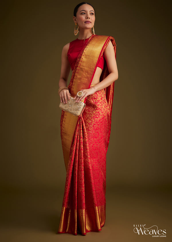 Red Kanjivaram Silk Saree With Golden Zari Woven Border