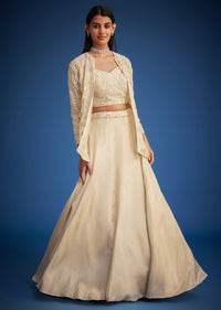 Cream Raw Silk Embroidered Jacket Lehenga Set