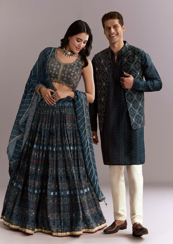 Artisan Couple Set – Indigo Modal Bridesmaid Lehenga With Ajrakh Print For Her And Blue Mirror Work Jacket Set For Him