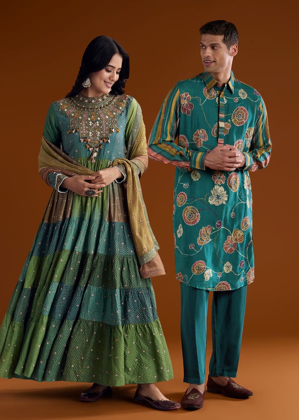 Colourful Artisan Festive Couple Set – Multi-Color Chanderi Anarkali For Her And Teal Kalamkari Kurta Set For Him