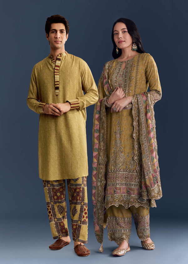 Mustard Ajrakh Cultural Pair – Indie Print Zari Kurta Set For Her And Yellow Linen Ajrakh Kurta Set For Him