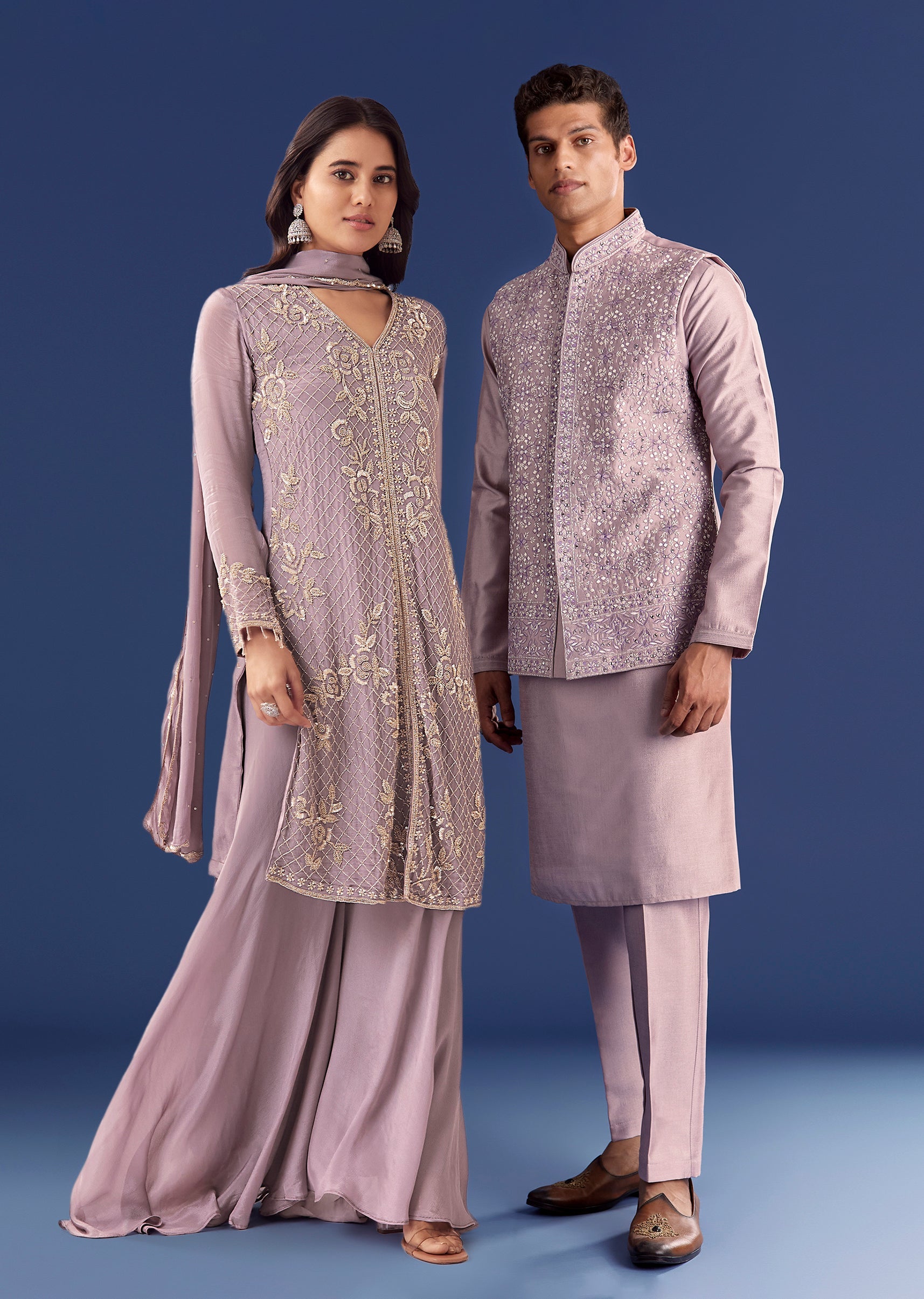 Lavender Harmony Edit – Embellished Palazzo Suit For Her And Lilac Mirror-Work Jacket Kurta Set For Him