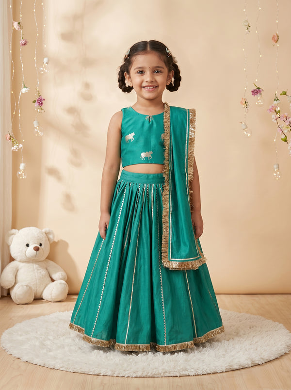 Green Chanderi Lehenga Set With Gotta Work
