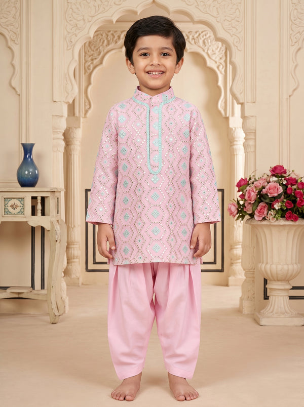 Premium Pink Blue Kurta Set With Embroidery And Mirror Detailing