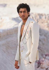 White Double Breasted Embroidered Blazer Set