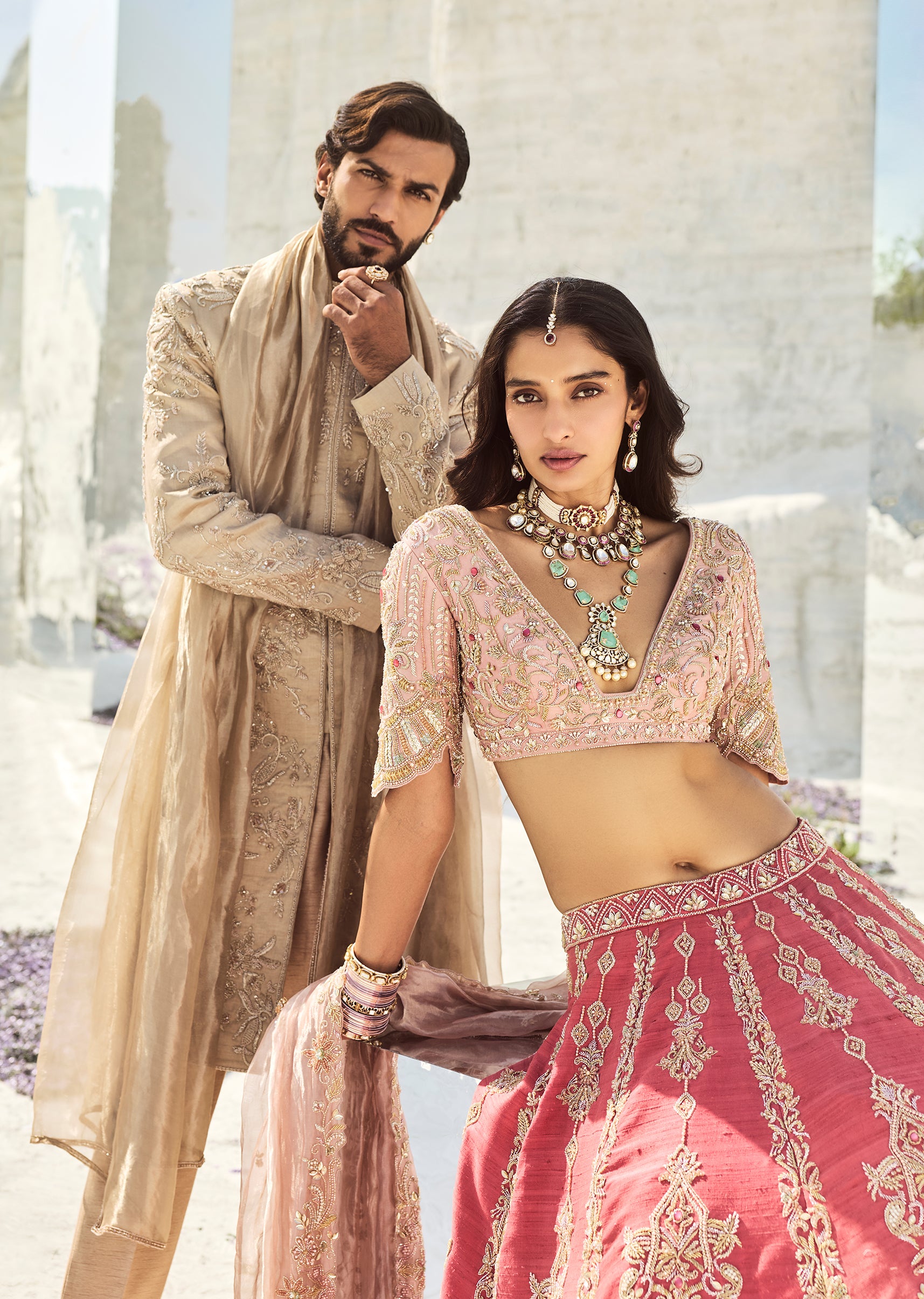 Pastel Grace — Scalloped Lehenga For Her And Tussar Sherwani For Him
