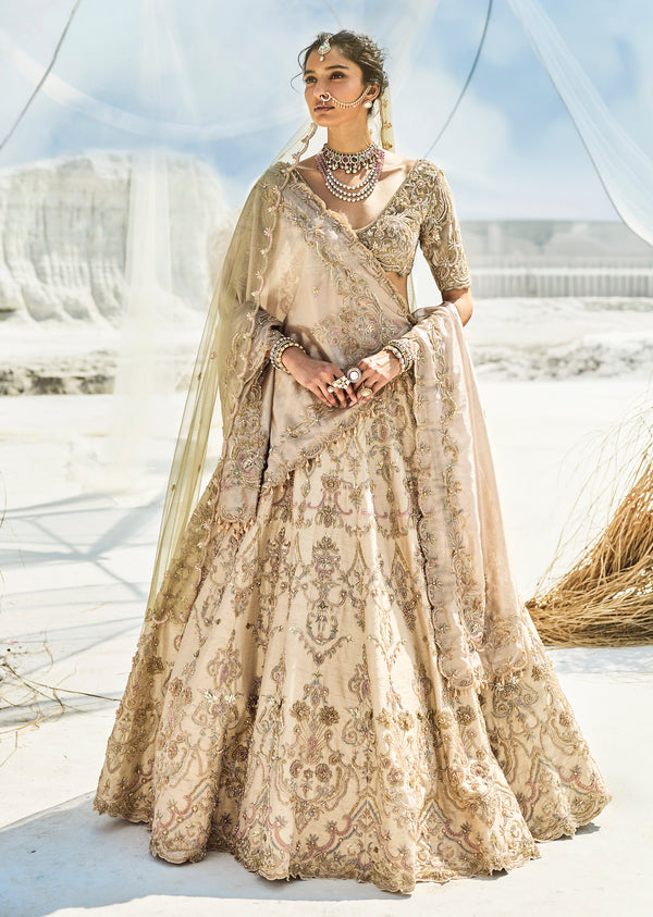 Beige And Green Dual Dupatta Embroidered Bridal Lehenga For Pheras