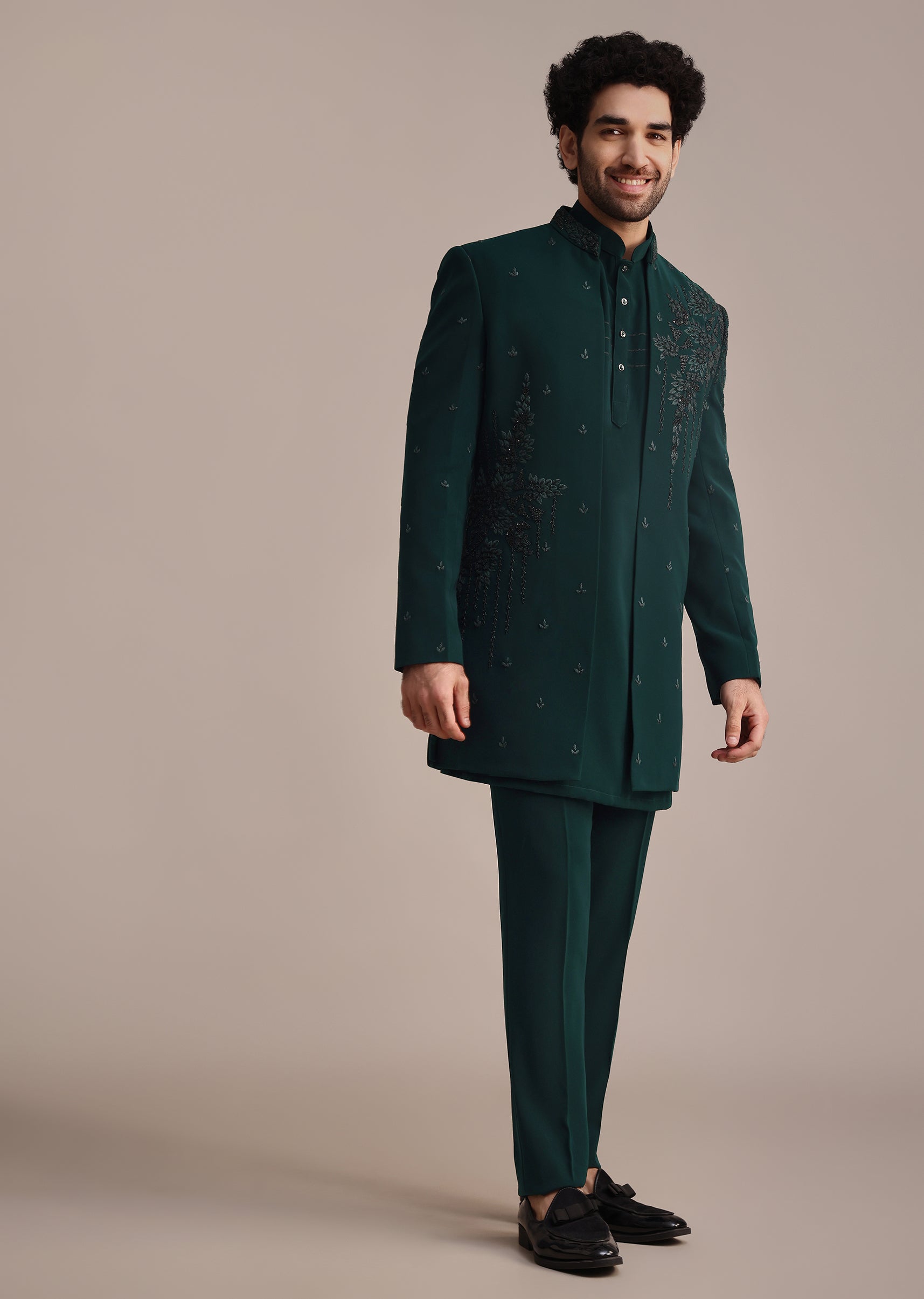 Teal Indowestern Set With Hand Work For Men