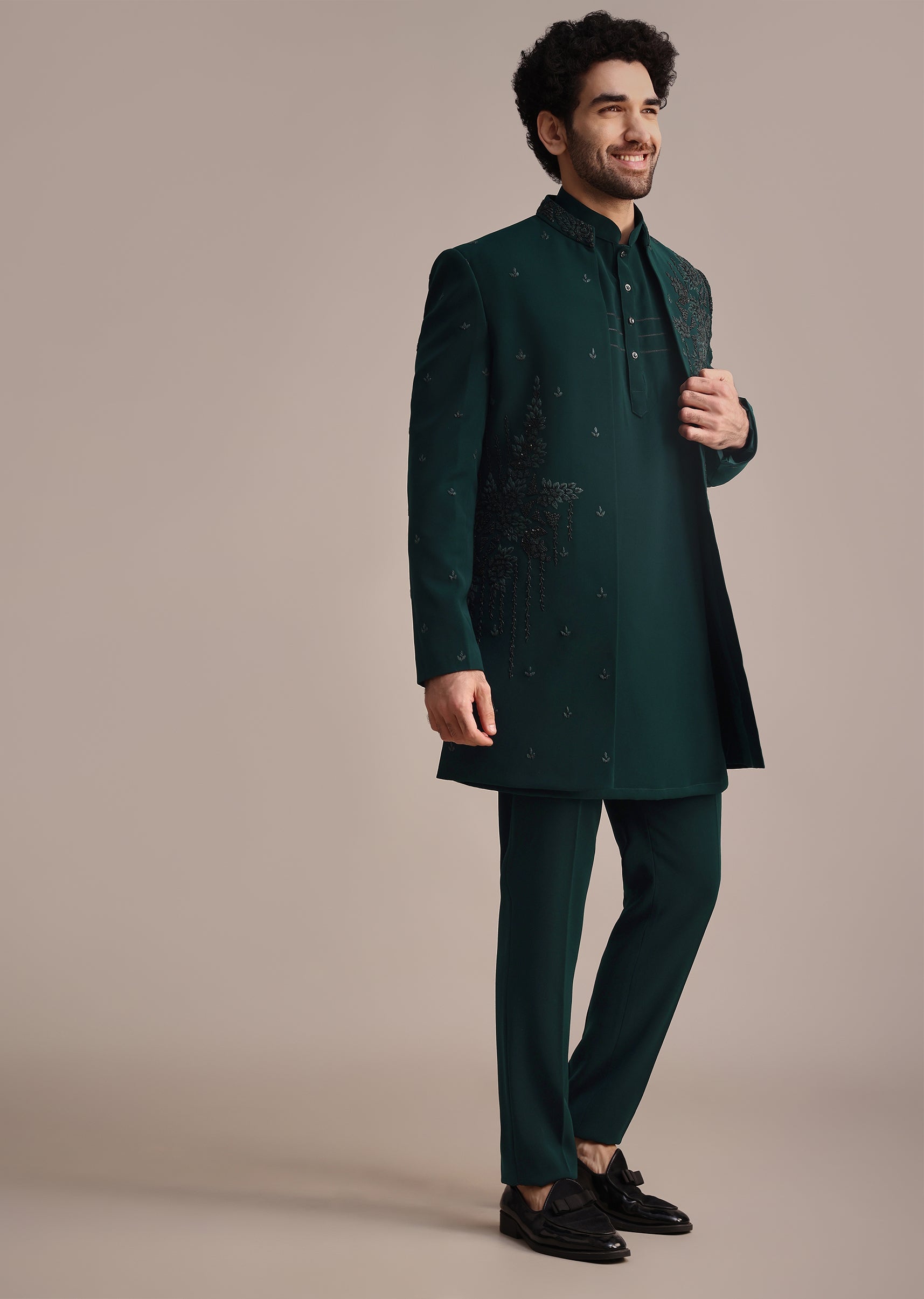 Teal Indowestern Set With Hand Work For Men