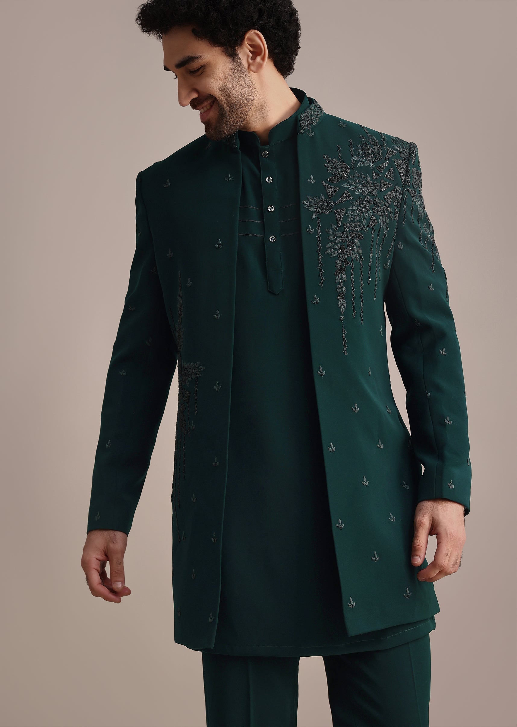 Teal Indowestern Set With Hand Work For Men