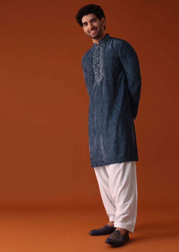 Airforce Blue Thread Embroidered Kurta Patiala Set In Velvet