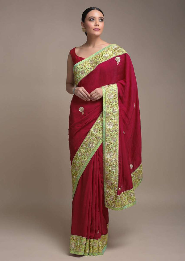 Apple Red Saree In Cotton With Gotta Patch And Pearl Embroidered Floral Buttis And Border Online - Kalki Fashion