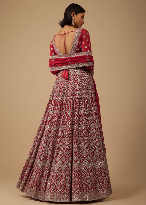 Apple Red Anarkali Suit Set In Georgette With Seqins Work All Over