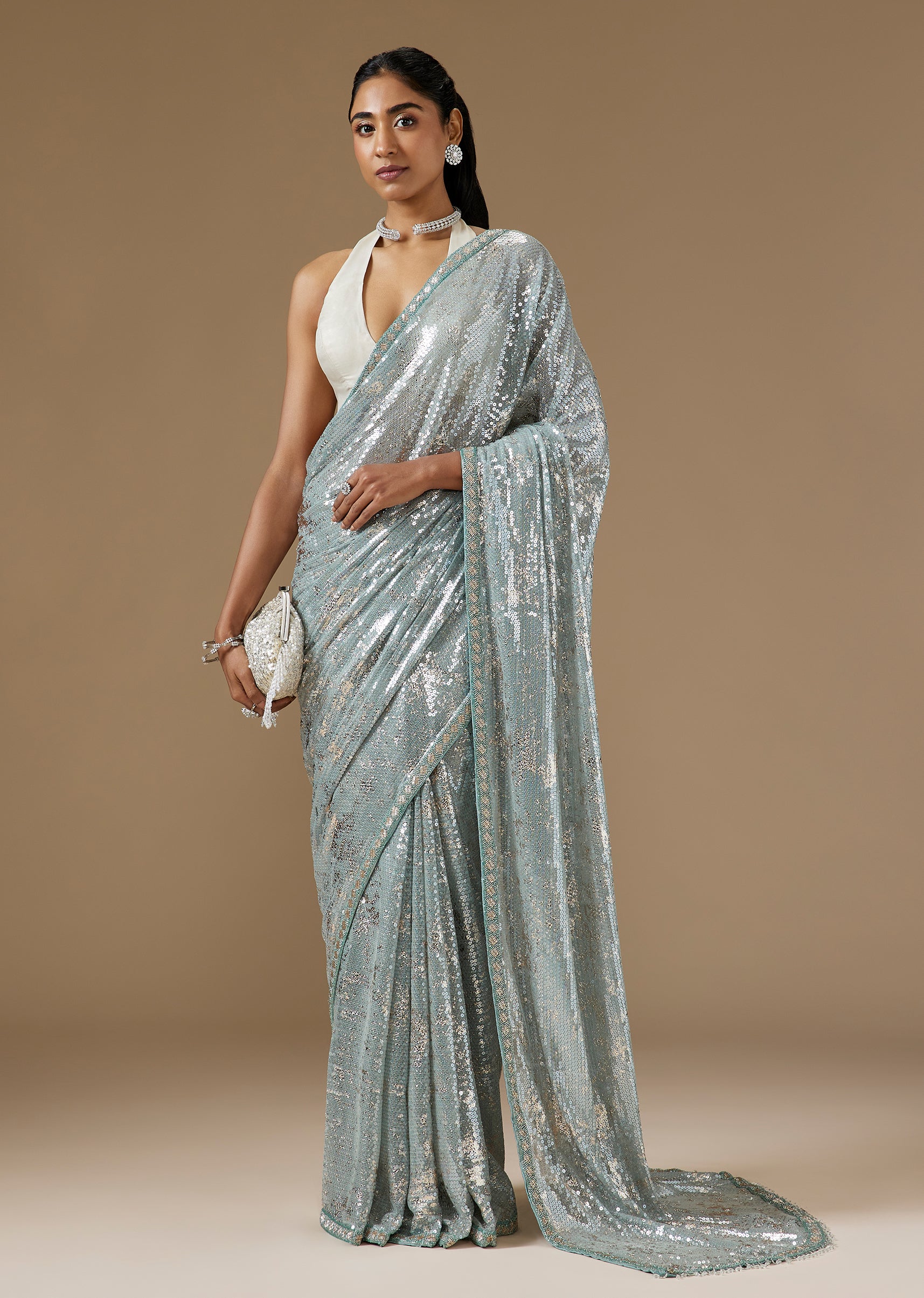 Aqua Blue And Silver Sequin Saree With Cut Dana Embellished Border