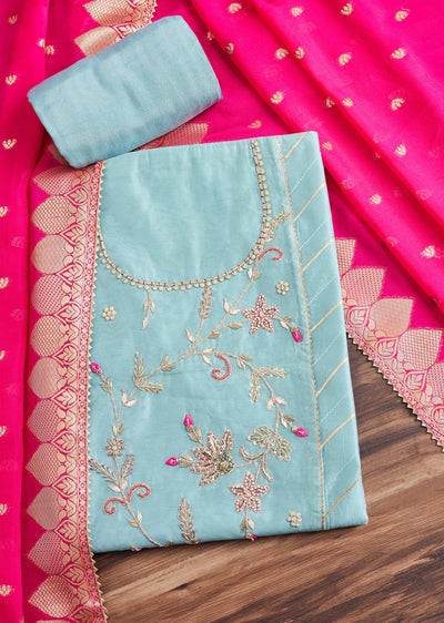 Aqua Blue Chanderi Unstitched Suit With Contrast Dupatta