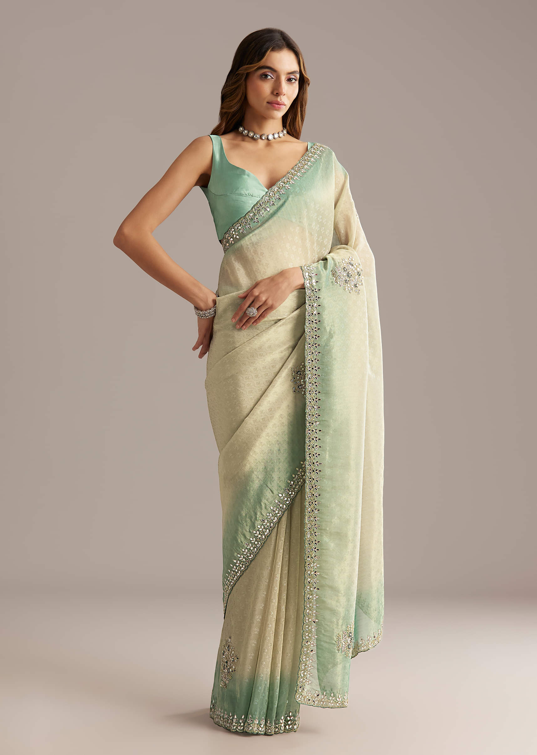 Aqua Blue Jacquard Saree With Mirror And Bead Embroidery