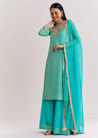 Aqua Blue Leheriya Kurta Palazzo Suit With Zardosi And Moti Work