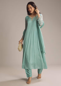 Aqua Green Chinon Anarkali Suit With Cutdana And Sequins Work