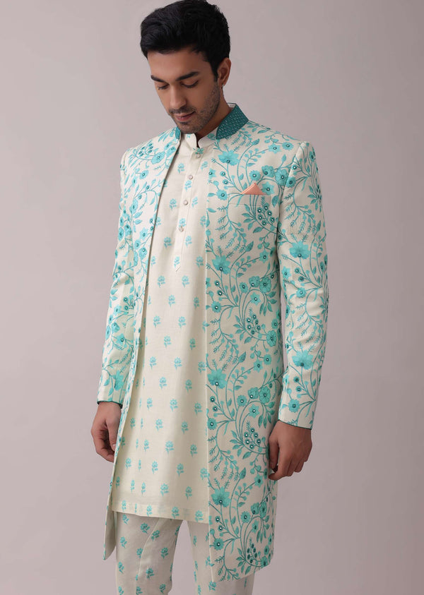 Aqua Blue Achkan Jacket Sherwani Set With Floral Print In Silk With Mirrorwork