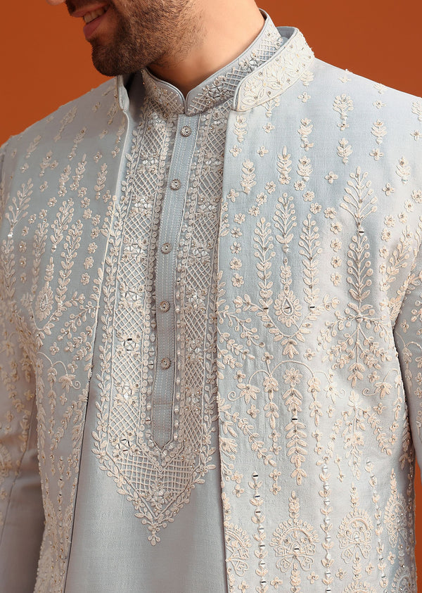 Aqua Blue Hand Embroidered Sherwani Set