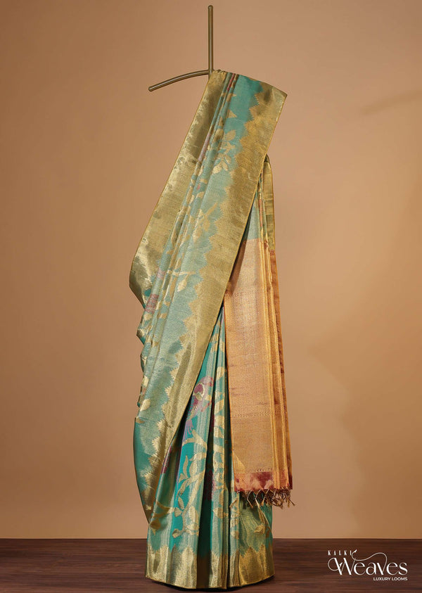 Sea Green Kanjivaram Saree In Tissue With Real 22gm Gold Zari And Unstitched Blouse